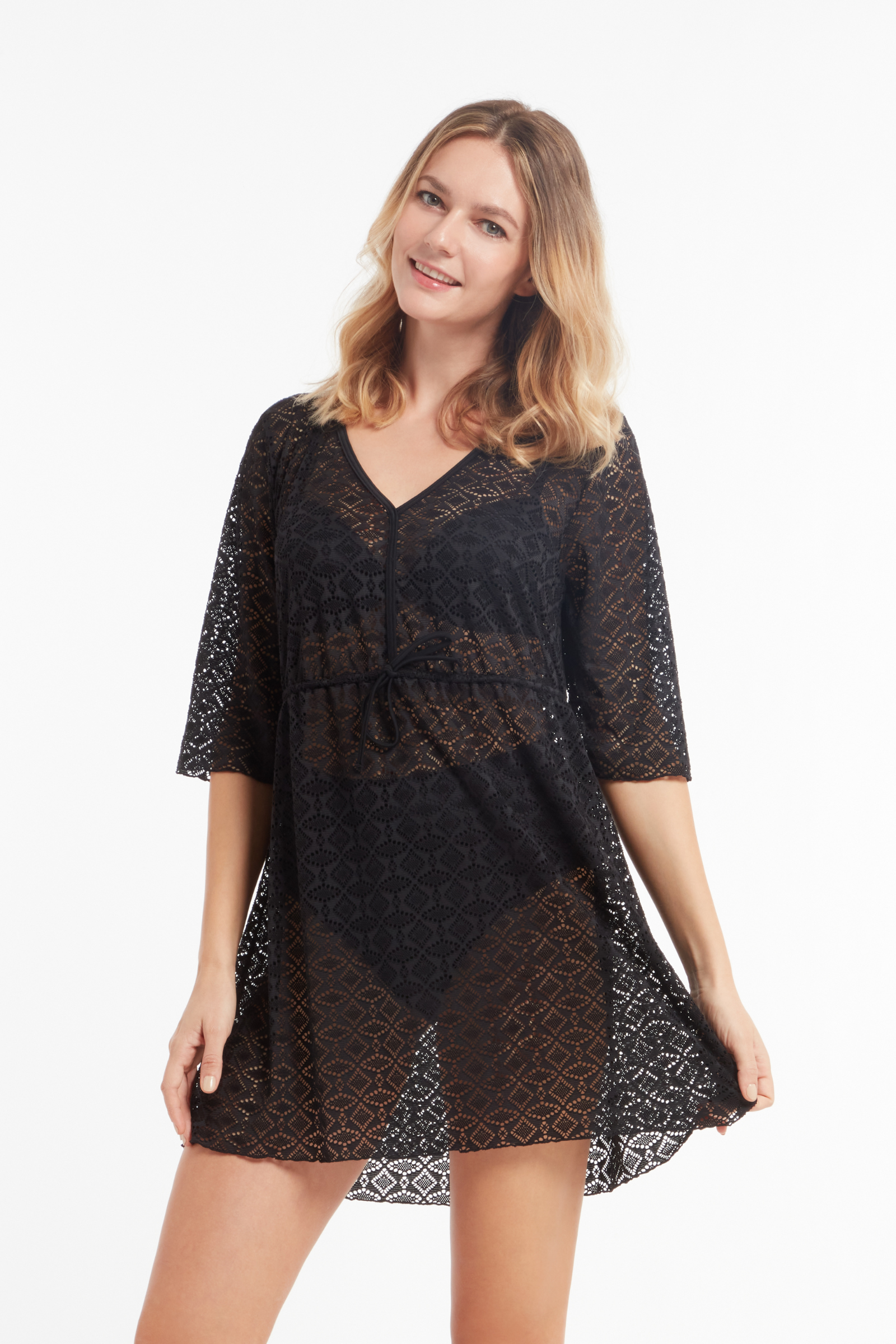 Sunseeker Crochet Black Waist Tied Kaftan