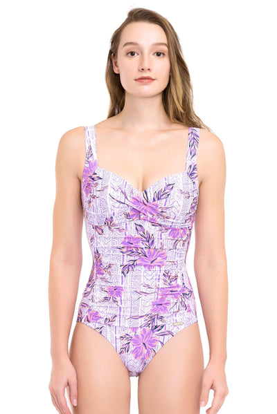 Plus Cup Onepiece South Pacific Hibiscus Purple Plus Cup Twist Front One Piece - Sunseeker