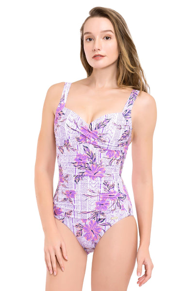 Plus Cup Onepiece South Pacific Hibiscus Purple Plus Cup Twist Front One Piece - Sunseeker