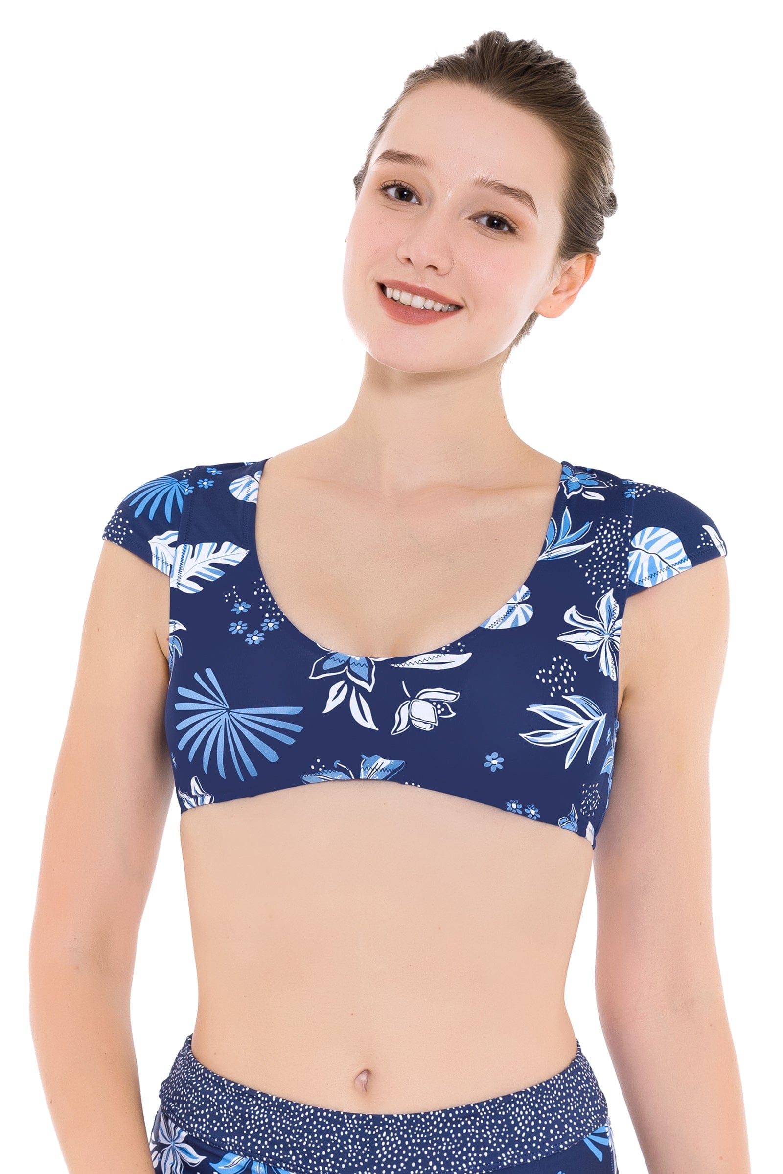 South Pacific Palm Navy Cap Sleeves Top