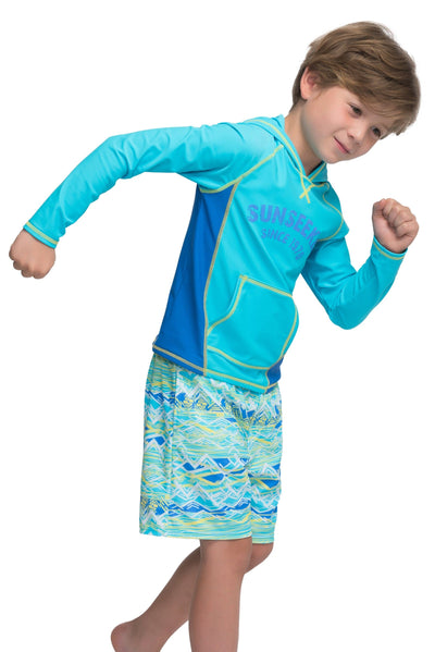 Boys Tops Neon ikat long sleeve hooded rash guard - Sunseeker