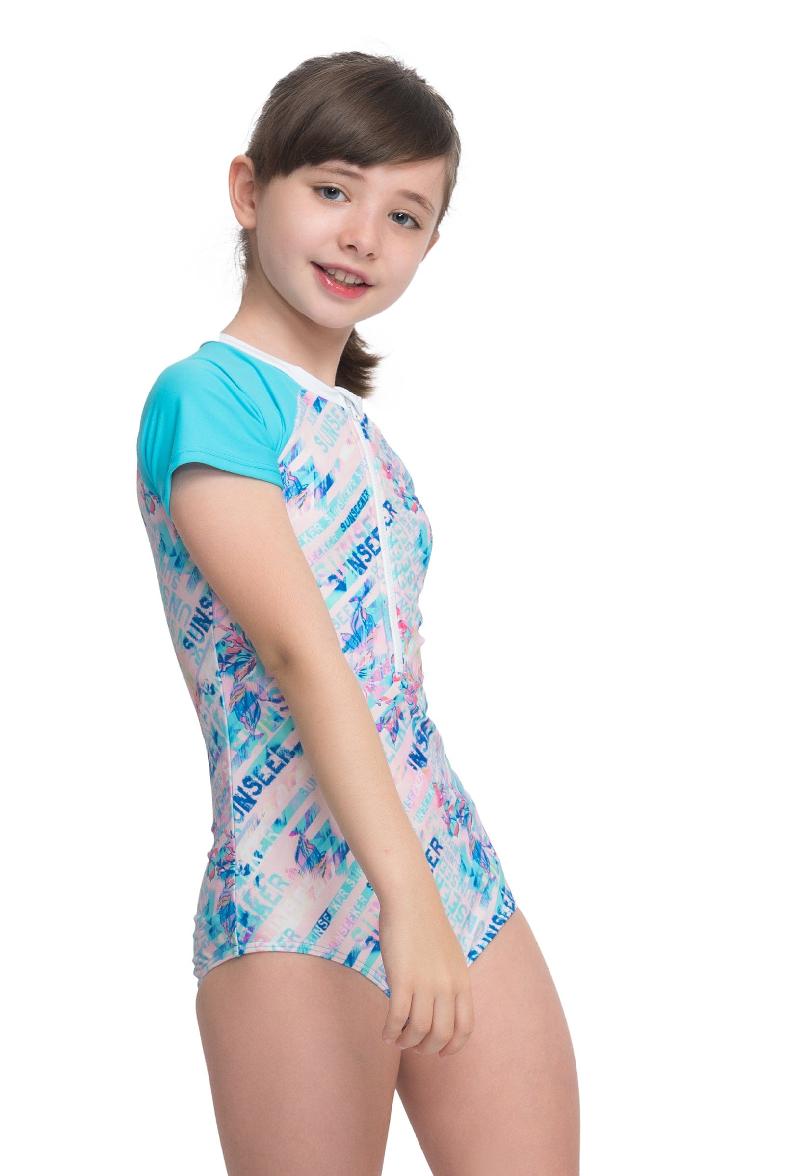Girls Swimsuits Sunseeker logo print short sleeve one piece rash guard - Sunseeker