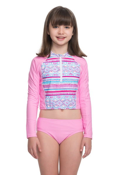 Girls Bikini Sets Spring blossom long sleeve zip up rash guard set - Sunseeker